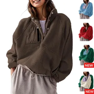 SCUSTY Women's Lightweight Fleece Pullover Jacket Cropped Fall Winter Fuzzy Sherpa Jacket Half Snap Button Stand Collar with Pockets