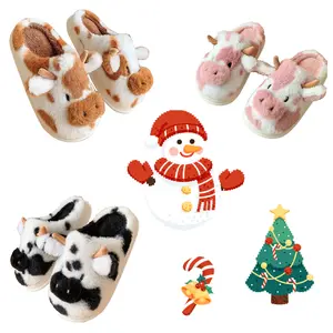 Cartoon Cow Slippers for Women Girls Cotton Animal Fuzzy Slippers Slip-On Cute Fluffy Cow Slides Boys Mens Warm Plush House Slippers for Winter