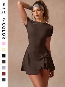 Women's Solid Color Sports Short Sleeve Dress Anti-Chafing Soft Comfortable Slim Fit Backless Design Yoga Dress For Gym Outdoor Sports Tennis Wear One-Piece Built Safety Shorts All Season Daily Fashion Casual Versatile Women's Golf Sports Skort