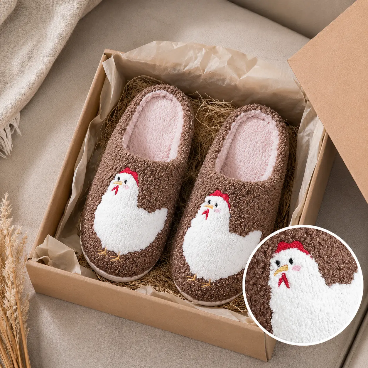 Women's Cute Chicken Print Indoor Slippers - Round Toe, Cotton Upper, Fleece Plush Slip-On, Anti-Slipping, Comfortable Indoor Casual House Shoes