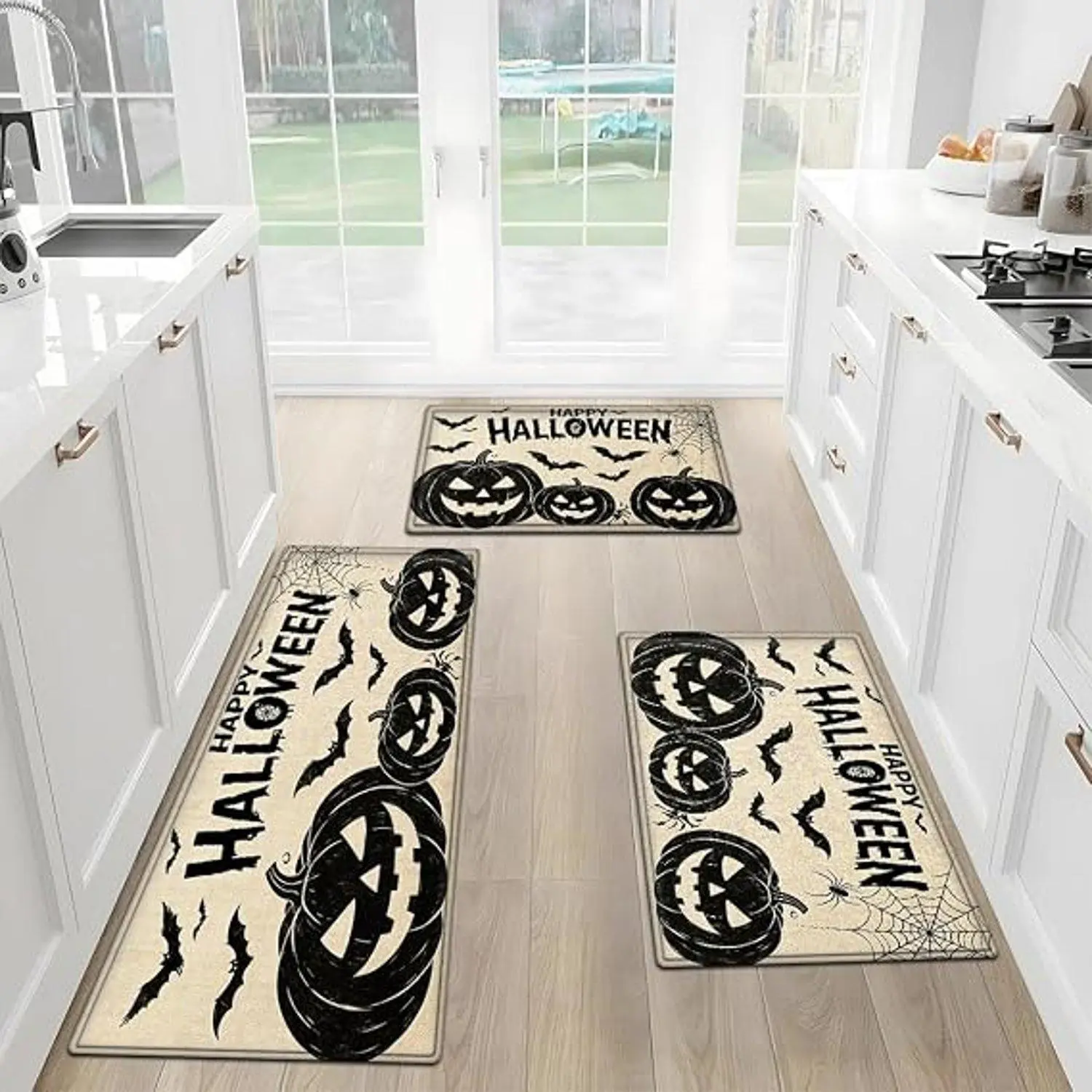 Flannel Kitchen Rug, Vintage Happy Halloween Pumpkin Bat Spider Web Pattern, Non-Slip Water Absorbent Floor Mat for Home Kitchen Decor