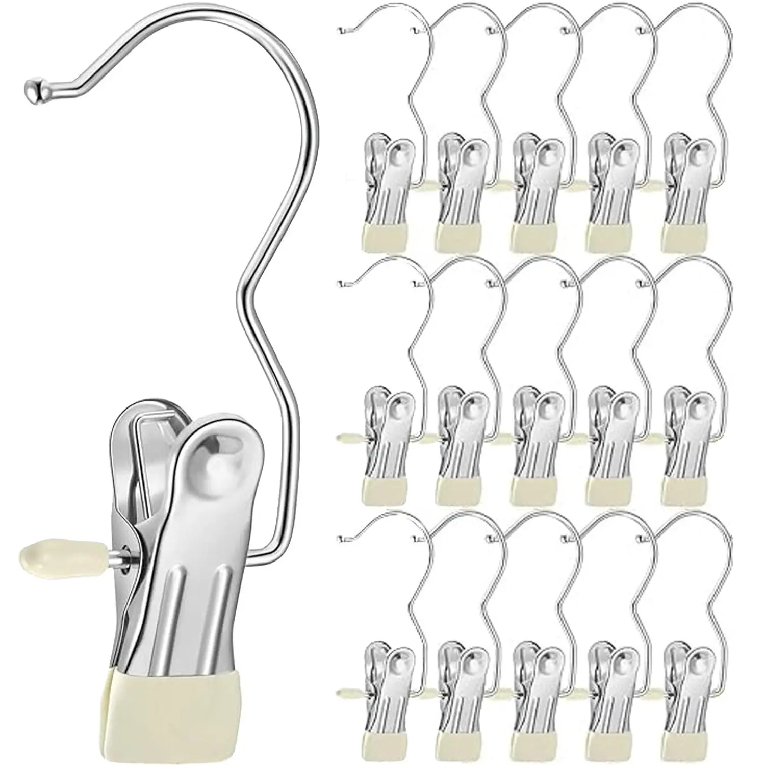 16-Count Heavy-Duty Stainless Steel Anti-Rust Clip Clothespins - Waterproof Clip Hooks with 360° Rotation, Space-Saving Home Organizer Hanging Tool for Hat, Towel, Pants Storage & Lightweight Travel Use, Water Proof, Hat Hanger Holder