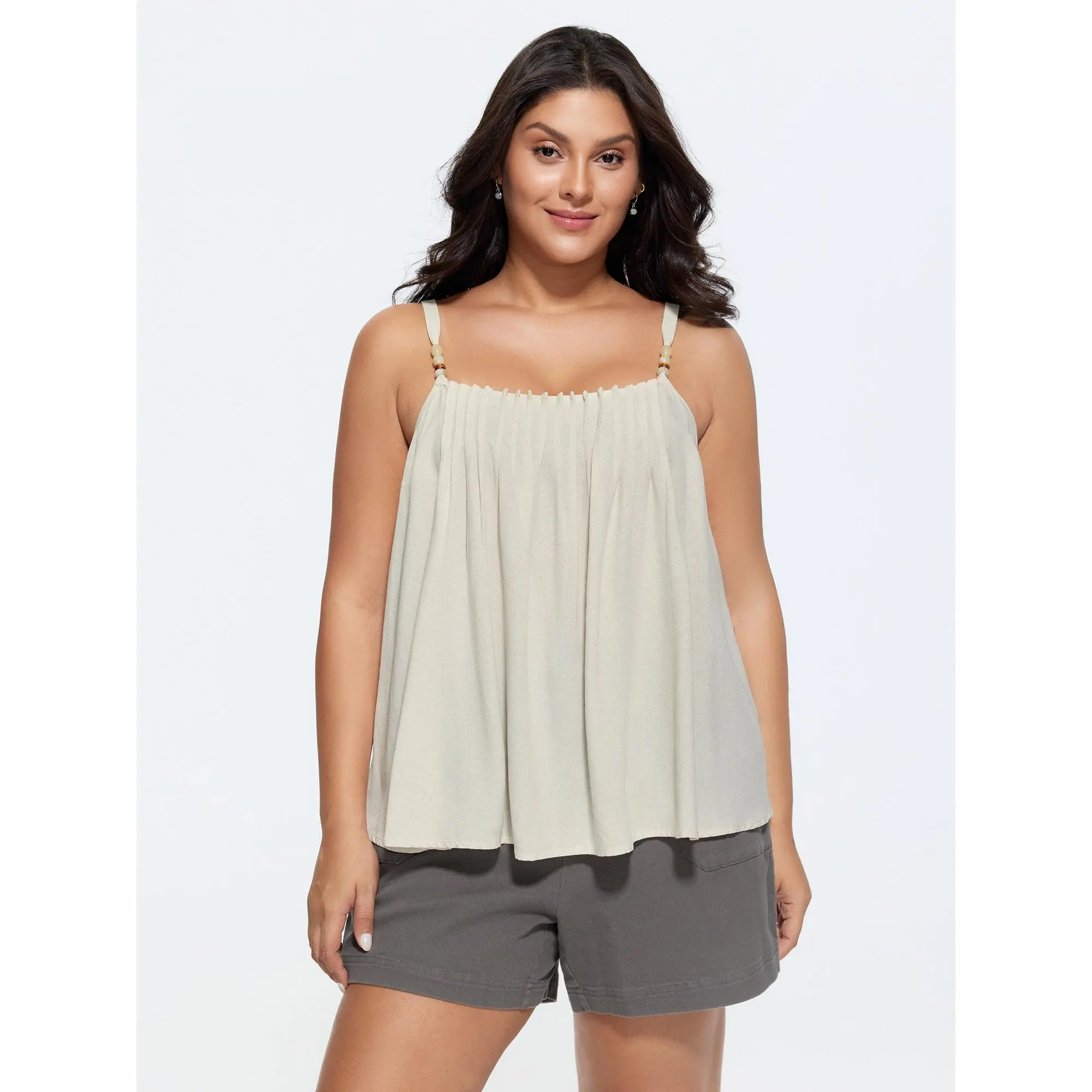 BloomChic Plus Size Summer Casual Smooth Linen Blend Tank Top with a Beaded Neckline and Pleated Detail, Low Iron Fabric, Garment, Basic, Pleated Neck, Plain Solid, Beaded Detail, Rayon Linen, Beaded Tube Top Women's Tanks & Camis, Fit, Sleeve, Casual Wea