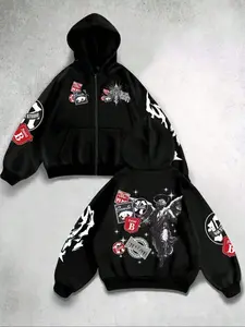 Dark Angel Zipper Hoodie Sweatshirt, Fitted Geometric Soft Comfortable Home Casual Wear, Dark Street Style, Perfect for Relaxing at Home and City Outdoors, Tops