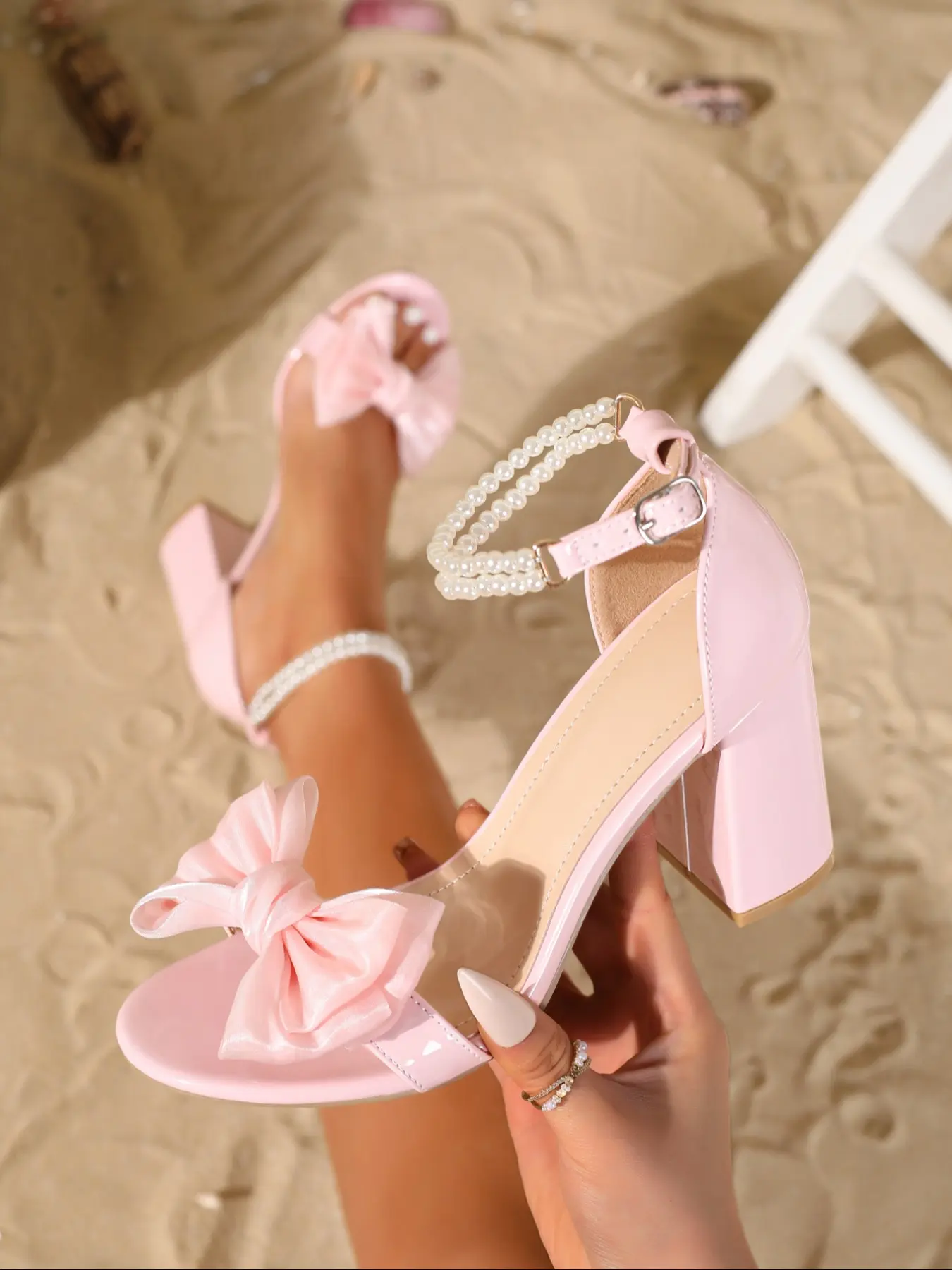 Elegant Women's High Heel Sandals, Open Toe Butterfly Knot Design, Pearl Buckle Detail, Summer Fashion Footwear for Ladies, Fashionable Sandals, Elegant Heeled Sandals, Buckle Decorated Sandals, Classy Sandals
