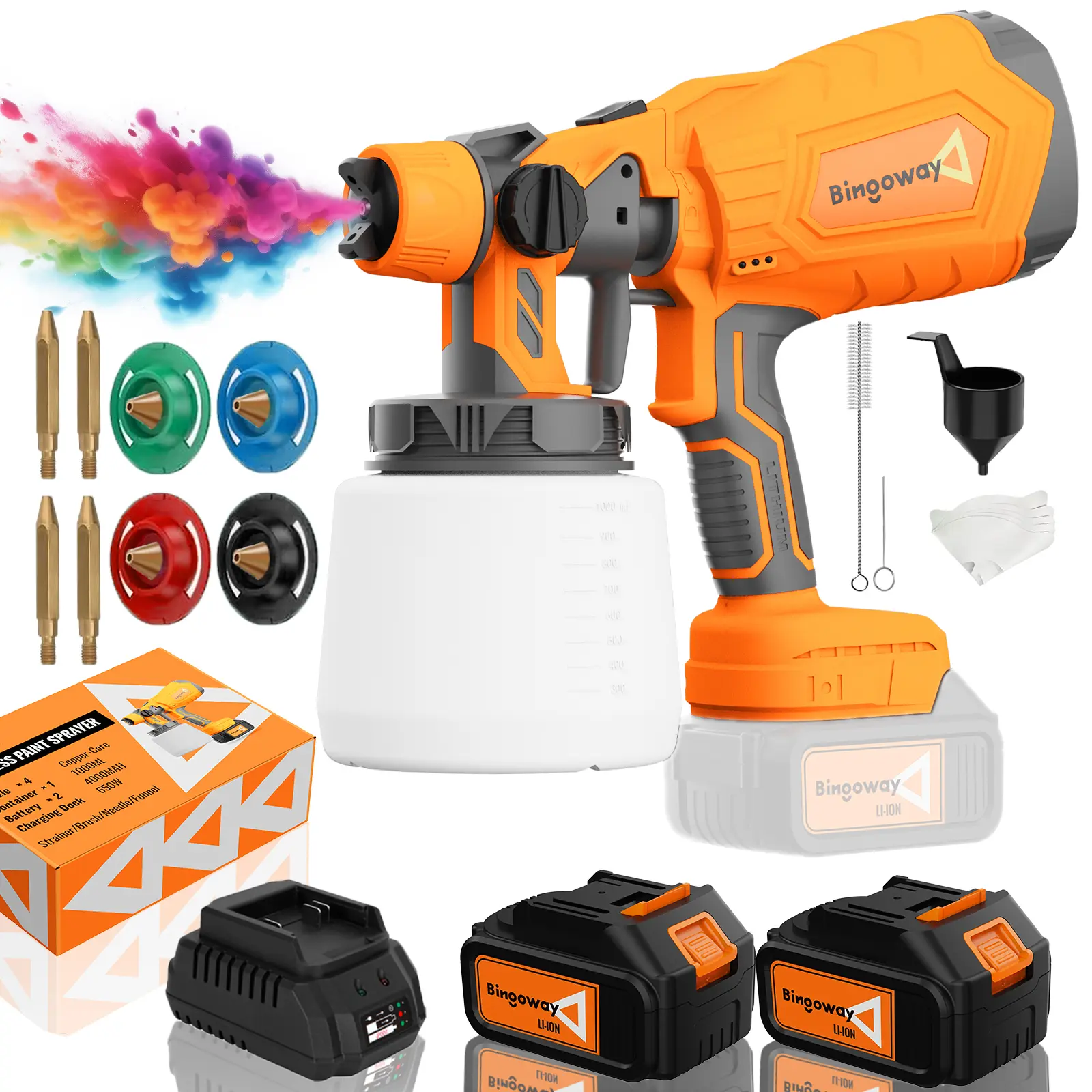 Bingoway Cordless Paint Sprayer 21V 2x4000mAh MAX Battery, 700WHVLP Electric Spray Gun with Adjustable 4 Nozzles & 3Patterns, 700W Copper Motor, 1000ml Container AdjustableSpray Width, Easy-to-Clean Sprayer for House FurnitureFence Door Painting,BestGift