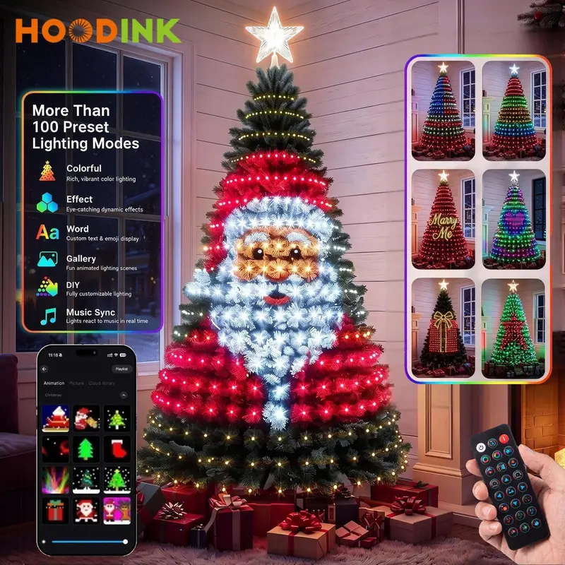 HOODINK Flocked Christmas Tree (Single Unit) with Smart RGB LED Lights, APP Control, Dimmable DIY Effects, Decorations and Ornaments, Led Illuminated Tree+Lights, Multi-Color Light-Up Festive Decor, Smart Control Home Decor