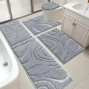 HEBE Rugs Sets 5 Piece, Soft Absorbent Microfiber Bath Mat for, Non Slip Washable Bath Rug Set with Cover, Bath Runner and U-Rug, Light Grey