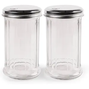 2 Pack Salt Sugar Shaker Dispenser Glass Sugar Container with Lid, Powder Sugar Canister for Spice Cinnamon Baking Soda, Jar Holder for Coffee Bar or Kitchen Countertop