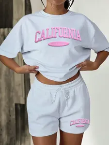 California West Coast Graphic Two Piece Loungewear Set, Oversized Short Sleeve Tee & Drawstring Shorts, Y2K Aesthetic Streetwear, Comfy Casual Summer Outfit for Gym, Beach, Daily Wear