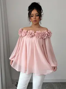 Elegant Women's Off-Shoulder Chiffon Top with 3D Floral Decorations, Lady Soft Smooth Woven Fabric Long Sleeve Blouse for Daily Wear, Dates & Parties