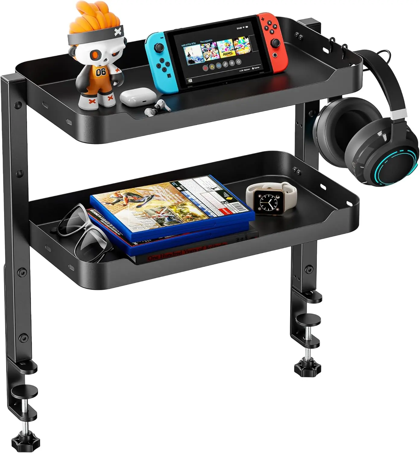 ARES WING 2-Tier Clip-On Vertical Storage Shelf, 16in Adjustable Above/Under Desk Organizer Tidy (44lbs Capacity) with Headphone Holder, Multi-Level Modular Office Supply Organizer for Home Office, Gaming Setups, Desktop Accessory
