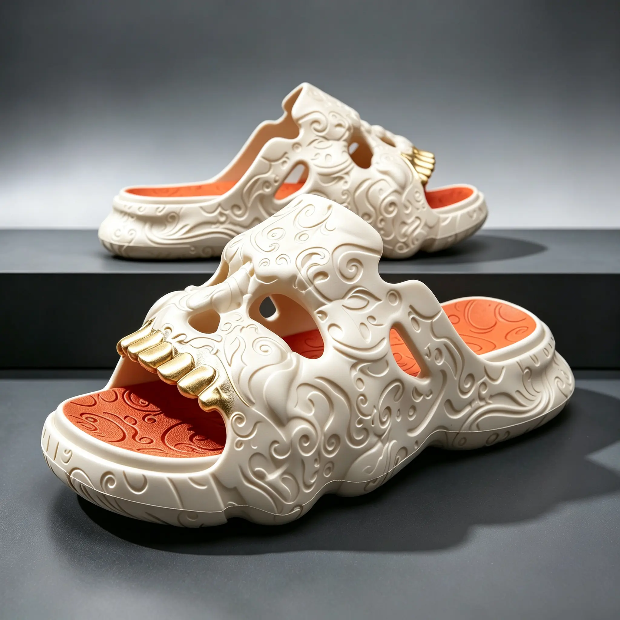 Unisex 3D skull face platform slides with gold grill teeth, alternative gothic streetwear EVA slippers, creepy spooky Halloween cushioned non-slip indoor house and outdoor beach sandals