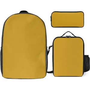 3 Piece Backpack for Women Men Lightweight Causal Daypack Shoulder Bag Set with Insulated Lunch Bag And Pencil Case Organizers Natural Yellow