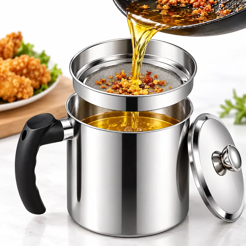AISOON 1400ML Durable 304 Stainless Steel Bacon Grease Container with Strainer, Utensils, Lid, Anti-Slip Coaster Tray, Reusable Oil Bottle for Cooking Grease Storage