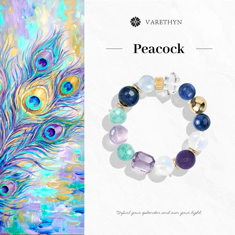 Female Handcrafted Natural Crystal Bracelet - Peacock-Colored Crystal Beads, Apatite, Aquamarine, Amazonite, Elastic, Spiritual, Clarity & Intuition Jewelry for Women (Ideal for Birthday Gifts), Rutilated Quartz