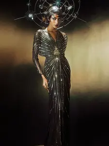 BABEYOND Zouzou Crystal-Encrusted Evening Gown with Butterfly Sleeves and Blouson Waist Design - Comfort Elegant green dress