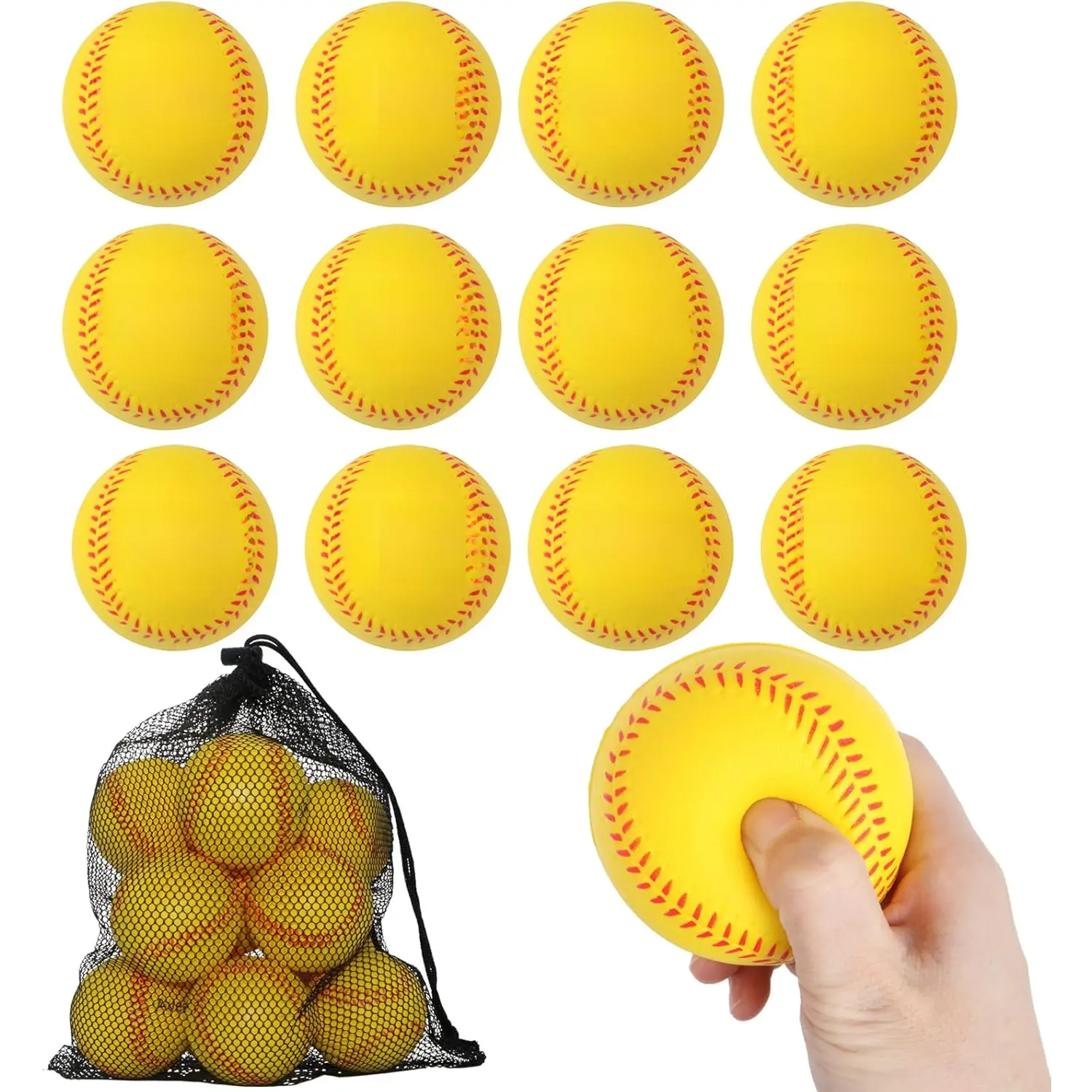 Baseballs 12 Pack Soft Baseballs with Mesh Bag for  Youth Teenager Players Safely  Hitting Indoor Outdoor Squishy Base Balls Yellow
