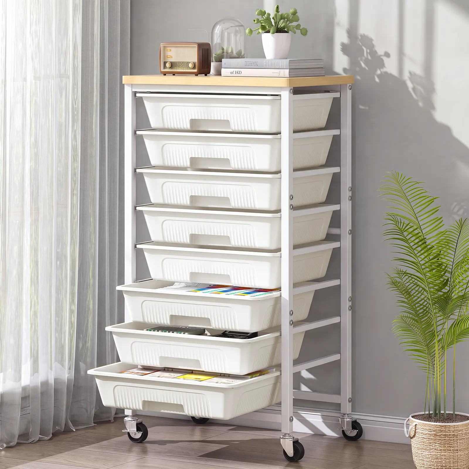7CODE 8-Drawer Rolling Storage Cart with Wooden Tabletop and Wheels - Home Organizer Rack for Craft Org, Classrooms/Offices, Easy Assembly