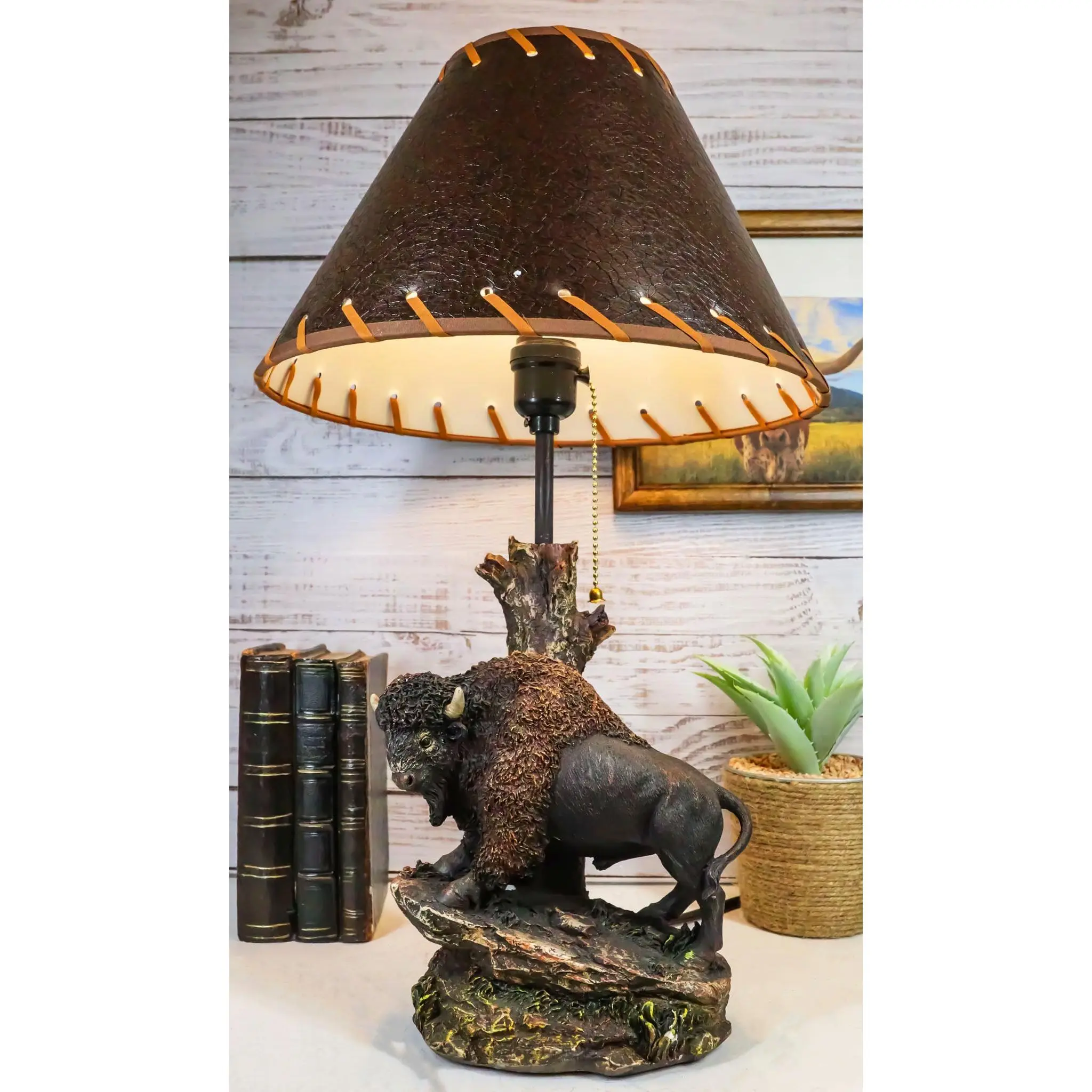Resin Table Lamp for Indoor Lighting - Western Plains Beast Bison on Sloped Rocks by Tree Stump, Cowboy-Themed Desktop Home Decor Figurine Lamp