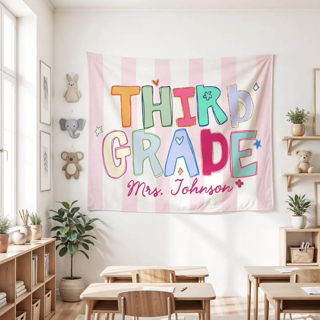 Personalized Third Grade Teacher Banner, Custom Teacher Name Classroom Banner, Hand Drawn Striped Coquette Classroom Tapestry