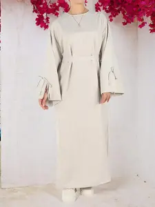 Women's Solid Belted Long Sleeve Muslim Dress, Casual Elegant Modesty Round Neck Dress for Daily Wear, Ladies Abaya Islamic Clothing for All Seasons, Dresses for Women, Solid Color Abaya, Abaya Dress Set, Abayas for Eid, Tunic Dress, Maxidresses