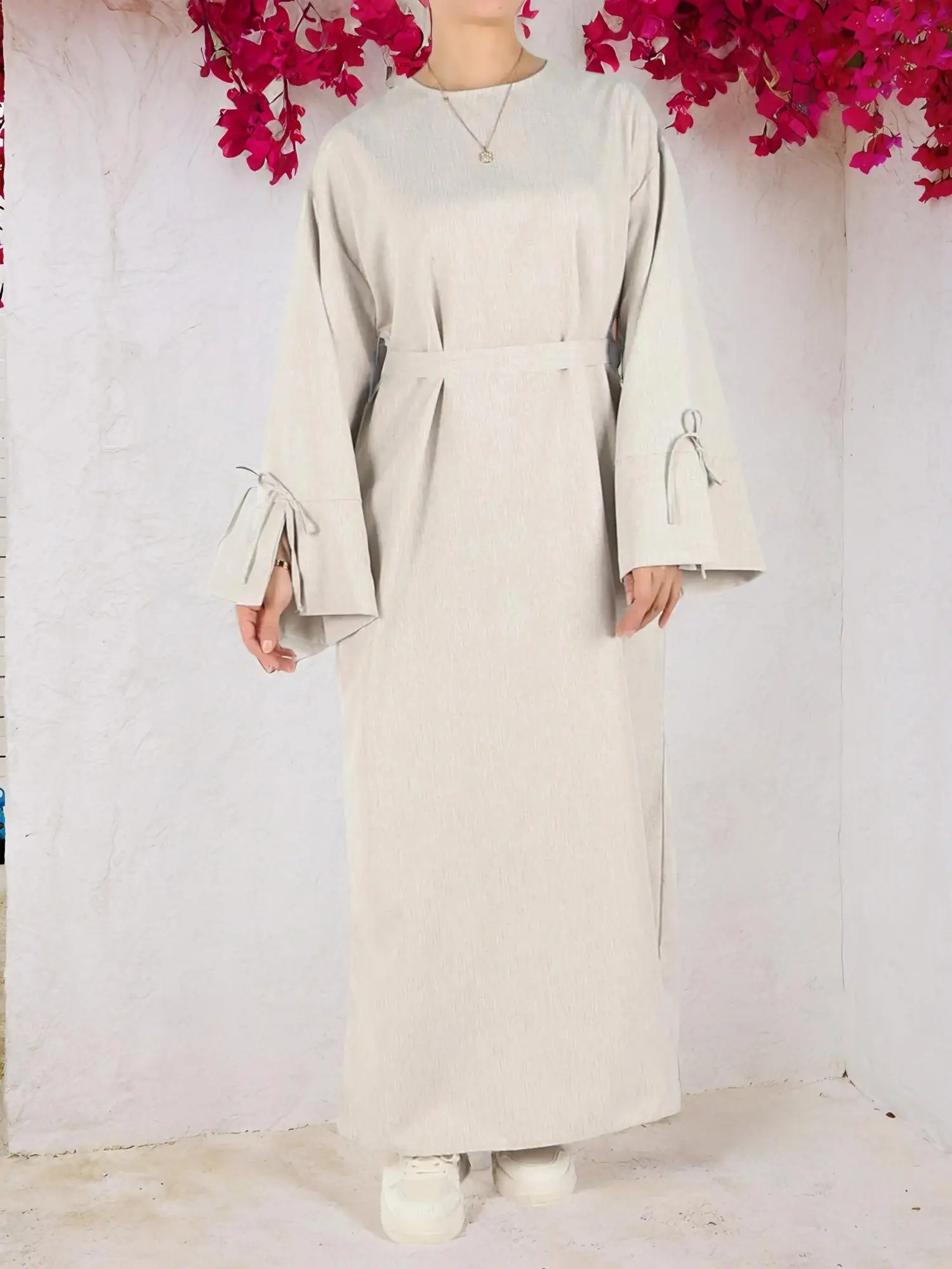 Women's Solid Belted Long Sleeve Muslim Dress, Casual Elegant Modesty Round Neck Dress for Daily Wear, Ladies Abaya Islamic Clothing for All Seasons,