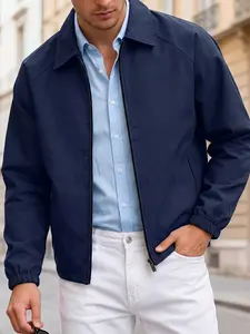 Men's Autumn Fashion Casual Solid Color Long Sleeve Coach Jacket, Simple Versatile Stylish Notch Lapel Men's Outerwear, Trendy Fall Clothing
