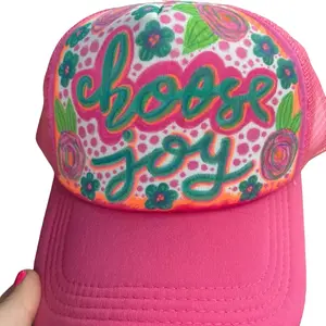 Choose Joy Trucker Hat - Hand Painted Design with Floral and Colorful Text, Pink Color, Adjustable Fit