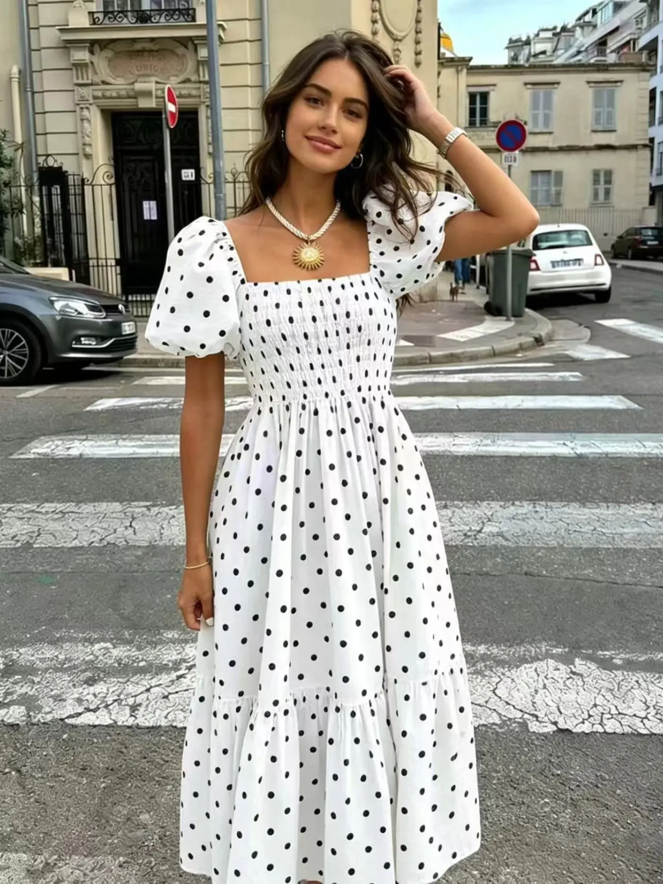 Elegant Boho Style Polka Dot Dress, Boho Holiday Dress, Casual Wear Fitted Bubble Sleeve Ruffle Pleated Summer Dress, Soft and Chic for All Occasions, Bohemian Style Dresses