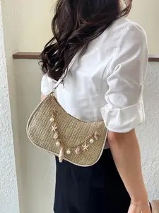 Women's Straw Crossbody Bag with Shell Pearl Decoration, Beach Shoulder Bag, Summer Casual Handbag, Stylish and Lightweight Design