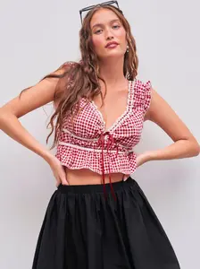 V-neck Gingham Knotted Sleeveless Blouse