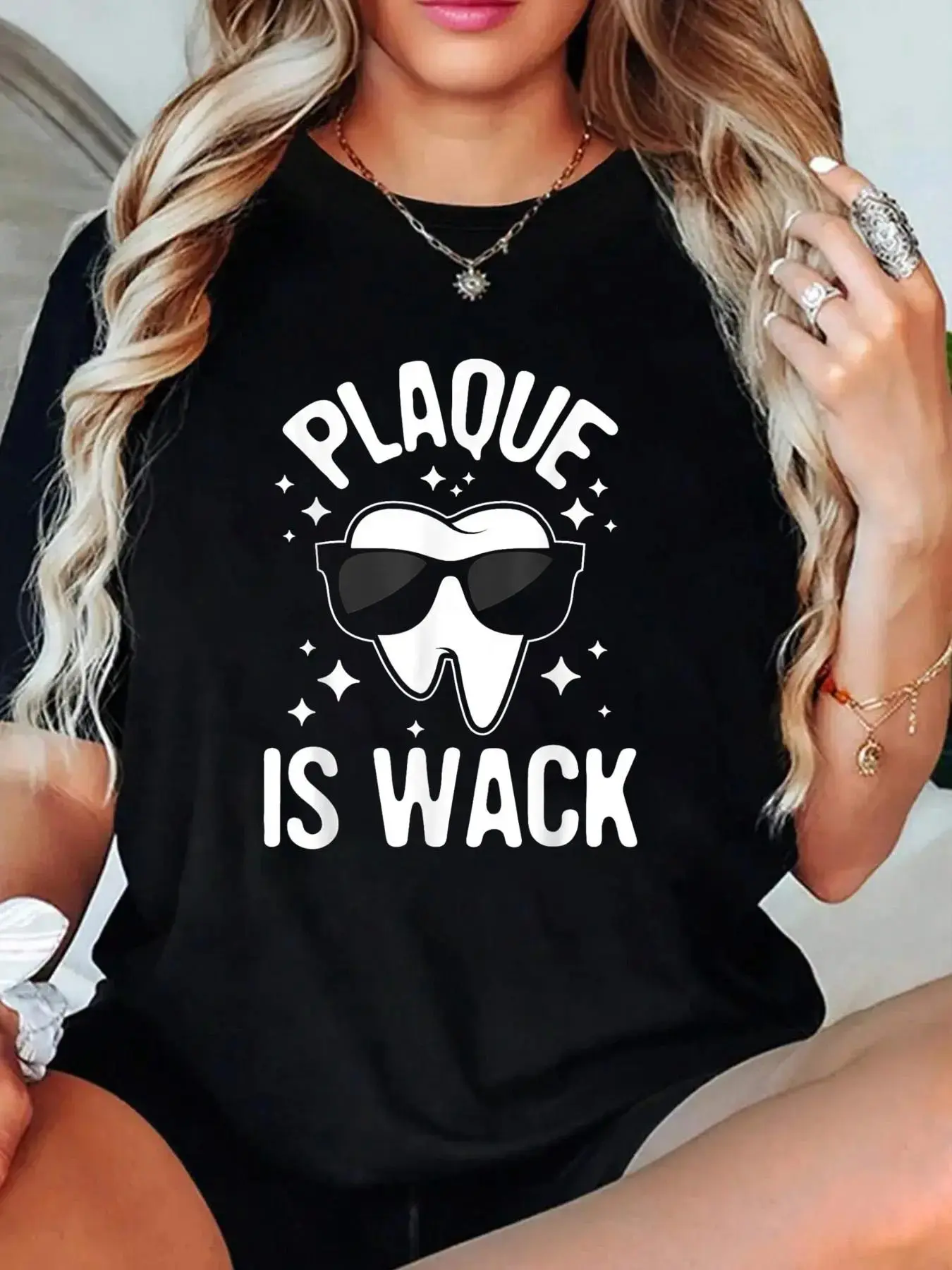 Women's Soft Short-Sleeve Aesthetic Graphic Tee - Loose Round Neck, 'Plaque Is Wack' Bold Slogan for Dentists, All-Season Casual, Machine Washable, Badge Photo Print Top, Shortsleeve, Loose-Fit