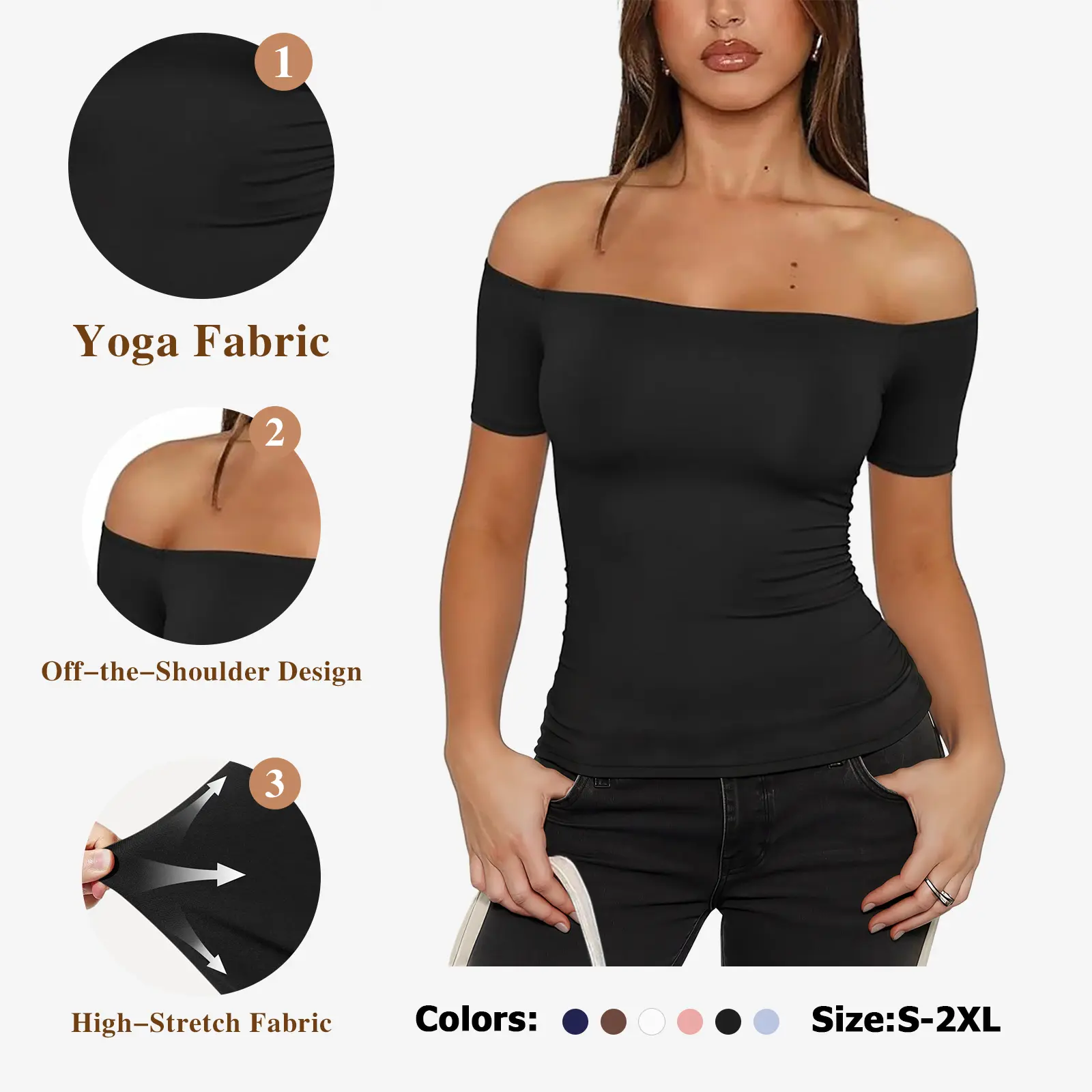 Fisoew Sports  2026 Summer Spring Women's Off-Shoulder Y2K Yoga Short-Sleeve T-shirt, High Elasticity, Solid Color, Slim Fit Basic Style, suitable for home, parties, commuting, travel,