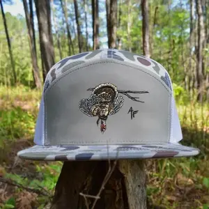 Turkey Down Hunting Hat, Available In Brackish Camo/ Grey/Black/Brown, 7 Pane Snapback, Flatbill Trucker Hat