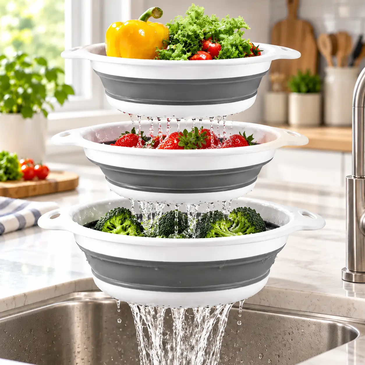 3-Pack Collapsible Colander Set, 3QT/4QT/5QT Foldable Kitchen Strainers with Handles, Space-Saving Fruit and Vegetable Washing Baskets, Over-Sink Drainage Sieves for Pasta, Salad & Food Prep