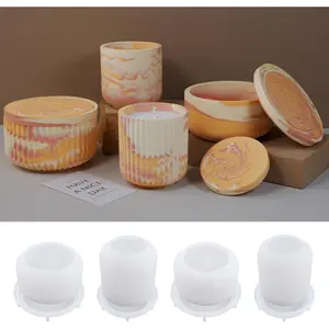 4 count Cup Shape Candle Jar  Mold with Lid,  Storage Bowl  Mould, Flower Pot Vase Concrete, DIY Plaster Cast Cement Rings  Storage Box Mold