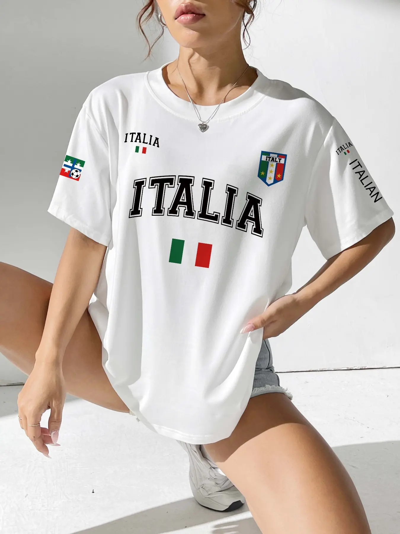 Italia Women's Loose-Fit Knit Short Sleeve T-Shirt Womenswear, Summer New Style Football Print Shirt, Fashion Casual Sports Party Vacation Top