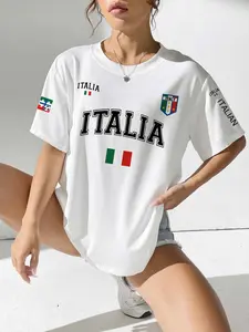 Italia Women's Loose-Fit Short Sleeve T-Shirt, Summer New Style Football Print Shirt, Fashion Casual Sports Party Vacation Top