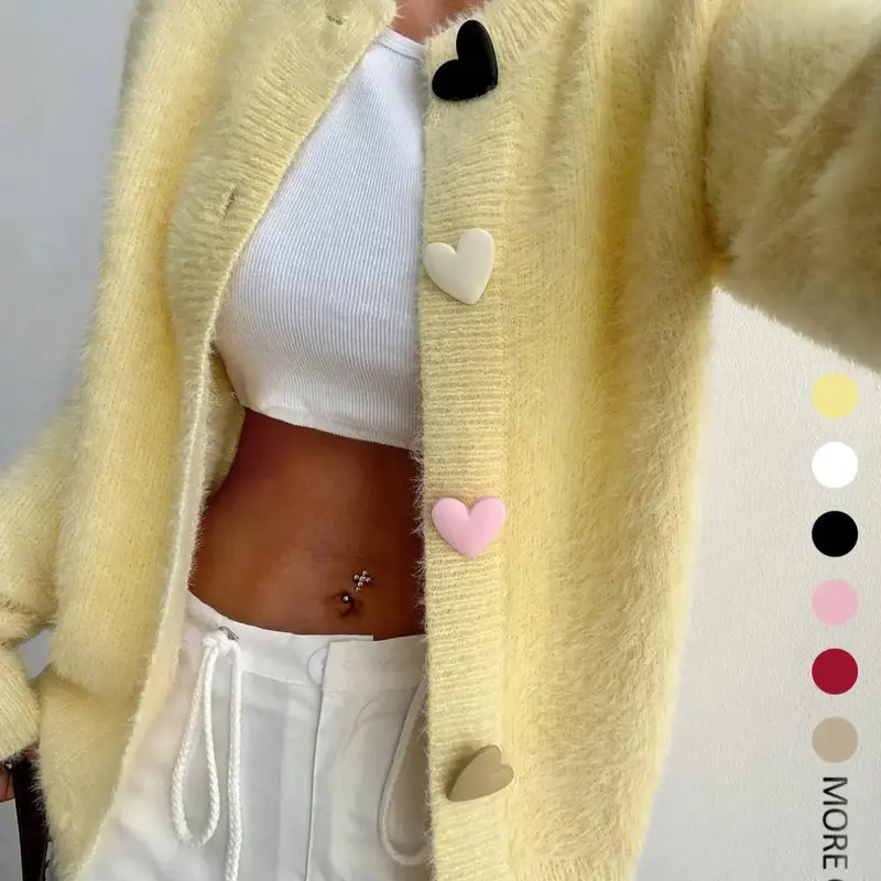Women's Solid Color Graphic Heart Design Lightweight Fitted Cardigan, Elegant Chic Fashion Casual Button Front Sweater Coat for Daily Outdoor Wear, Women Knitwear for Fall & Winter Autumn Winter Wear, Knitting Tops Womenswear
