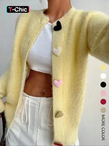 women's solid color heart design cardigan, elegant fashion casual button front sweater coat for daily outdoor wear, women knitwear for fall & winter