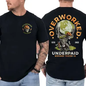 Overworked Underpaid T-Shirt, Skull Worker Carrying World Graphic, Workman Trading Co Graphic Shirt for Construction Workers & Blue Collar Men, Funny Gift for Laborers