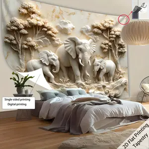 [2D Flat Printing] 1pc Ultra Large Size Emboss Elephant Family High-Definition Printing Tapestry, Polyester Home Decoration, Suitable Living Room Bedroom Office Hostel with Free Hanging Clips