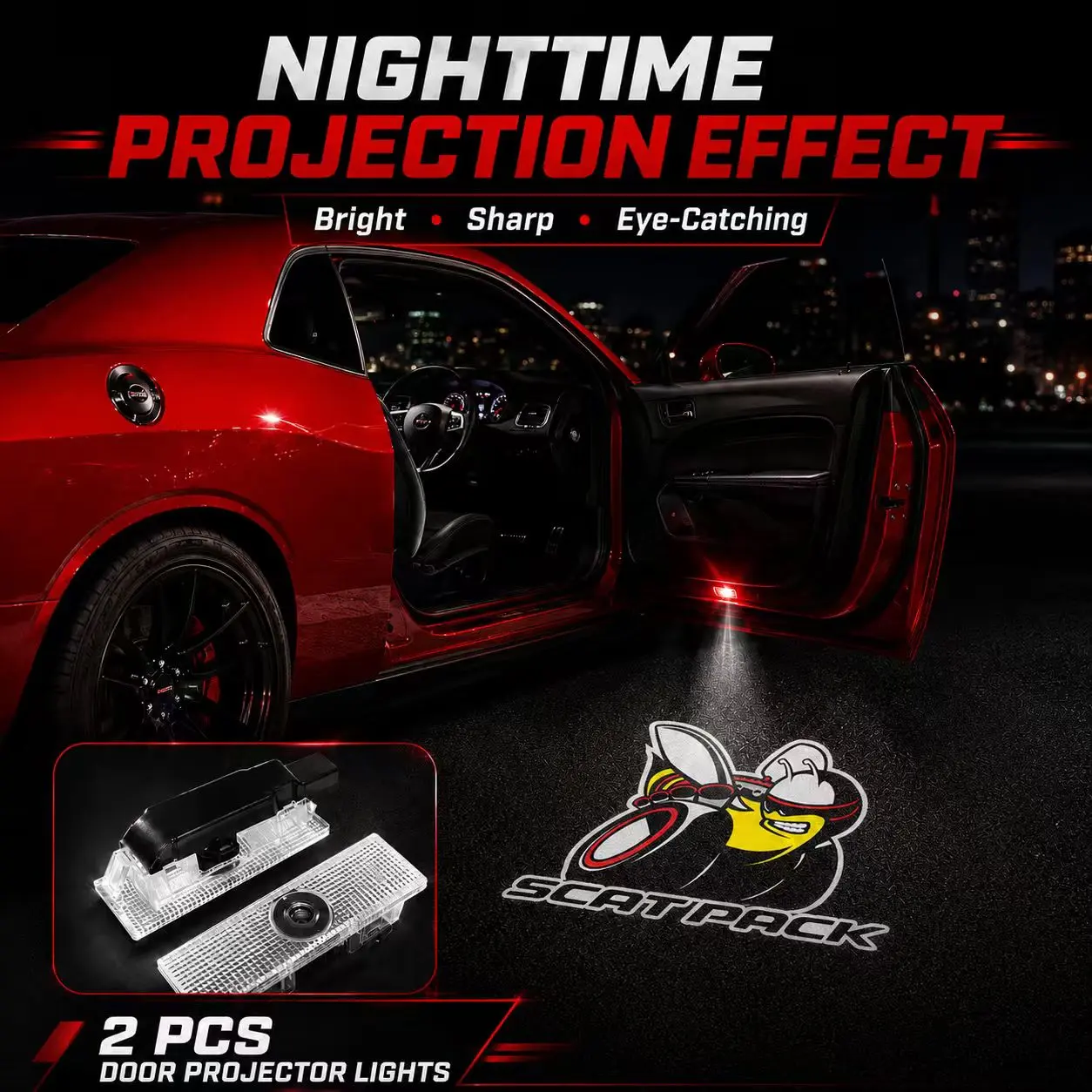 2Pcs Car Door Lights Compatible with 2011-2023 Charger 2015-present challenger Scat Pack Personality Pattern LED hd Projector Courtesy Welcome Light
