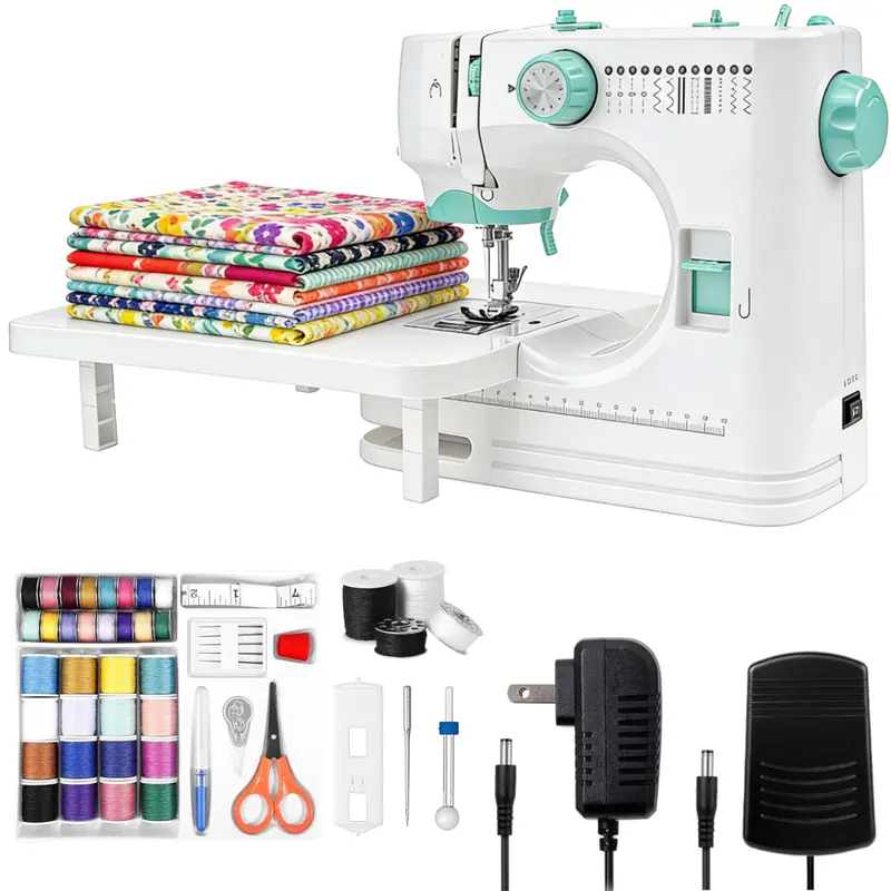 Mini Sewing Machine Set - Multifunctional Home Sewing Machine with Extension Table, 56-PCS Accessory Kit, 12 Built-in Stitches, Foot Pedal, Built-in Light, Dual Power, Needles for Beginners, Denim Quick Fixes