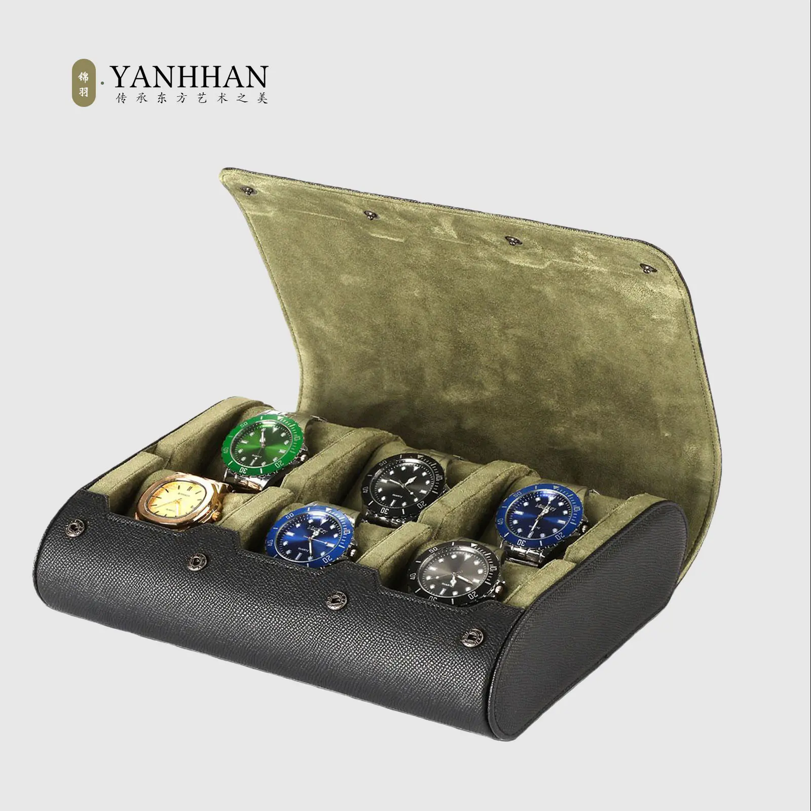 YANHHAN 6 Slots Watch Roll Travel Case for Men, Black Portable Watch Storage Box, Multifunctional Watch Display Organizer, Perfect Gift for Christmas
