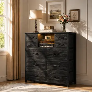 【Small Space Storage】Raybee 10 Fabric Drawers Dresser for Bedroom with Charging Station,45‘’ Sturdy Frame TV Stand & Dressers for Living Room,Easy assembly with clearly instructions,Easily Take Apart & Put Back,Serial Movers Picks, Apartment Essentials