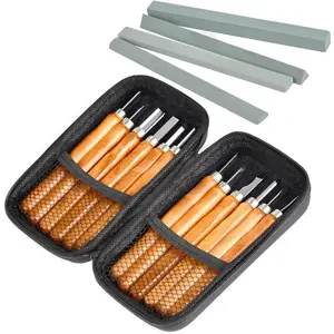 17Pack Small Wood Carving Set, 12pcs Wood Carving Tools SK2 Carbon Steel + 4pcs Whetstone + 1pcs Storage Case for Beginners DIY Woodworking Sculpting Whittling with Safety Cap