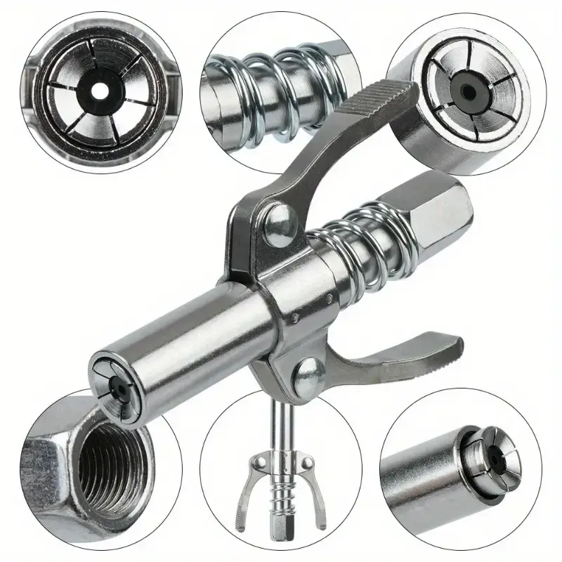 High-Pressure Self-Locking Grease Gun Nozzle Set - Stainless Steel Clamp-Type Oil Connection, Dual Handle, Flat Tip, Leakproof Seal for Auto Repair, Maintenance Tools