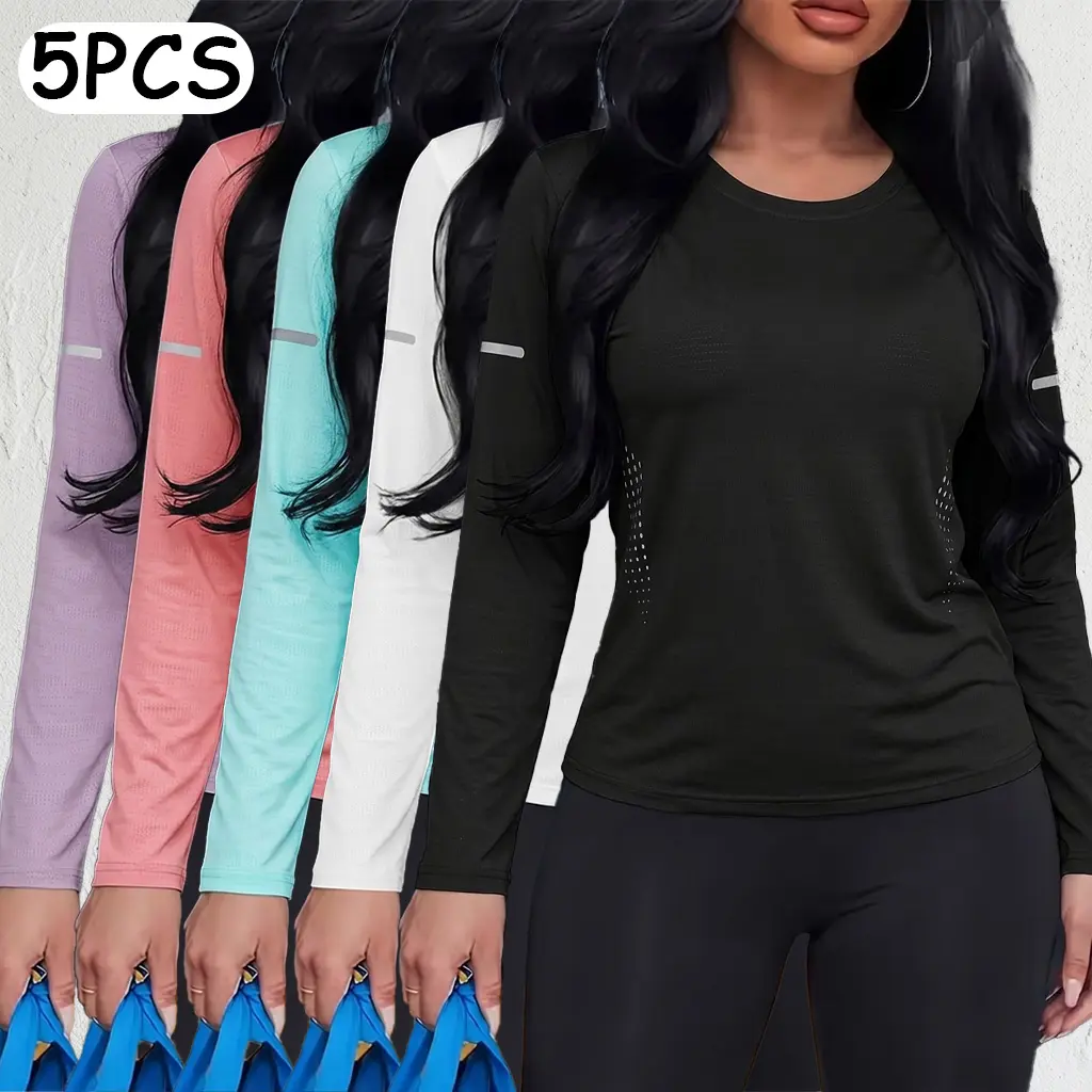 Women's 5-Pieces Slim-Fitting Long-Sleeve Polyester Blend T-Shirts - Machine Washable Medium-Length Casual Tops for Hiking, Office Use